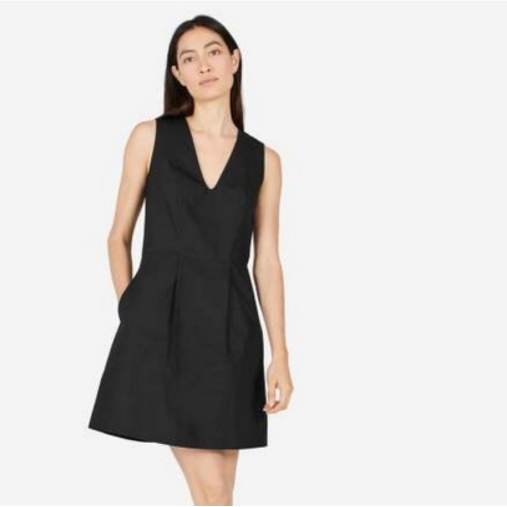 Everlane The Cotton Poplin V neck Flare Dress Black 8